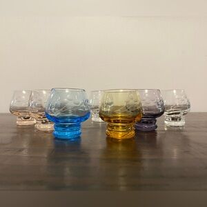 7 vintage colourful shot/brand/cordial glasses